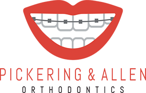 Pickering Orthodontics Logo - Red and black sans-serif type with icon above showing teeth with braces