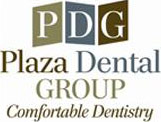 Plaza Dental Group Logo - Green blue and brown serif type with initials above inside colored boxes