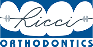 Ricci Orthodontics Logo - Dark blue sans-serif type with icon above showing teeth with braces and the wire spells the word Ricci