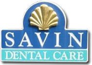 Savin Dental Care Logo - Blue and turquoise background with white serif type and gold seashell on top