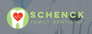 Schenck Family Dentistry Logo - Lime green sans-serif type with tooth icon to left over dental photo