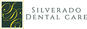 Silverado Dental Care Logo - Dark green serif type with green and gold box with script initials to left