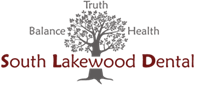 South Lakewood Dental Logo - Dark red sans-serif type over gray tree illustration