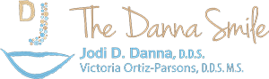 The Danna Smile Logo - Blue and tan handwriting type with face icon to left
