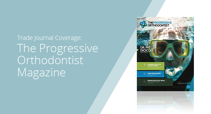 Graphic with blue background and white sans-serif type showcasing The Progressive Orthodontist Magazine cover