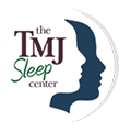The TMJ Sleep Center Logo - Brown serif type and green sans-serif type inside white circle with profiles of 2 people