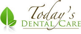 Todays Dental Care Logo - Green serif type and brown script type with leaves to left