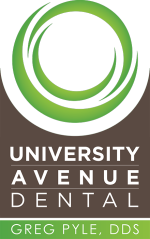 University Avenue Dental Logo - White sans-serif type on brown background with bright green circle above and bar below