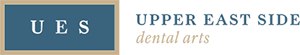 Upper East Side Dental Arts Logo - Blue and tan serif type with initials inside box to left