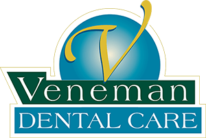 Veneman Dental Care Logo - White serif type on dark green and blue background with yellow script V above inside gradient circle