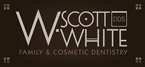 W Scott White DDS Logo - Light gray sans-serif type on dark brown rectangle