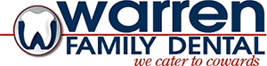 Warren Family Dental Logo - Dark blue sans-serif type with tooth to left and red serif tagline
