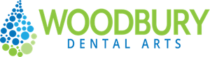 Woodbury Dental Arts Logo - Green and blue sans-serif type with droplet made of bubbles to left